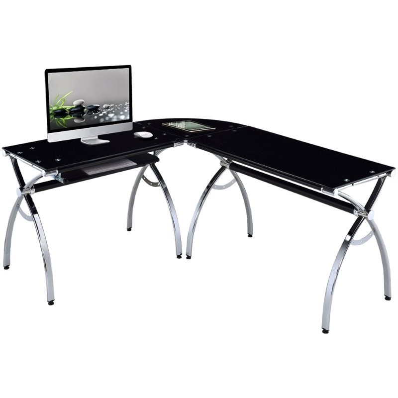Techni Mobili LShaped Glass Desk with Chrome Frame in Black Homesquare