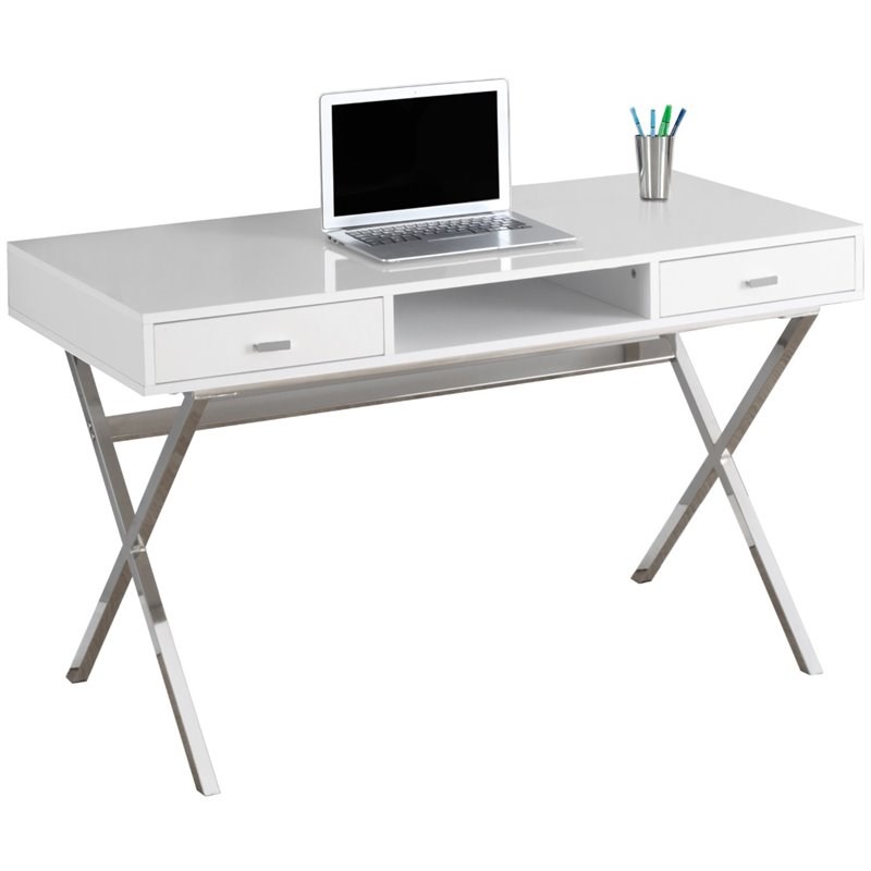 monarch 48" modern writing desk in glossy white and silver i 7211