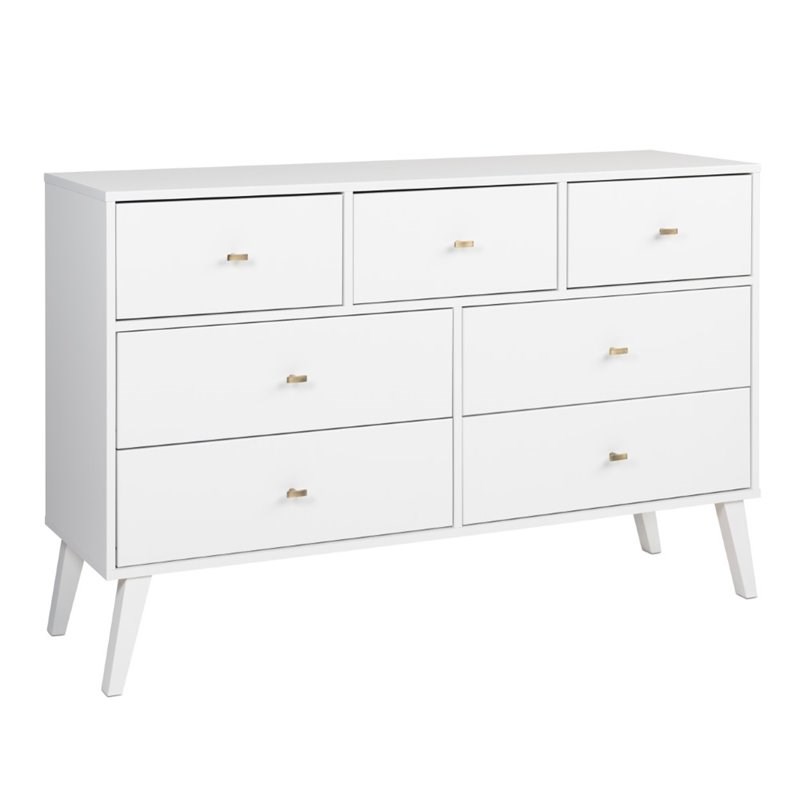 Prepac Milo Mid Century Modern 7 Drawer Dresser in White | Homesquare