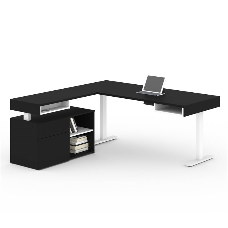 Bestar Viva 72" LShaped Standing Desk with Credenza in Black and White