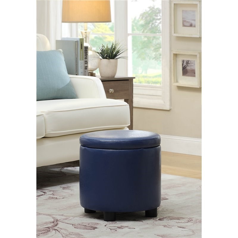 Round Accent Storage Ottoman in Blue Faux Leather