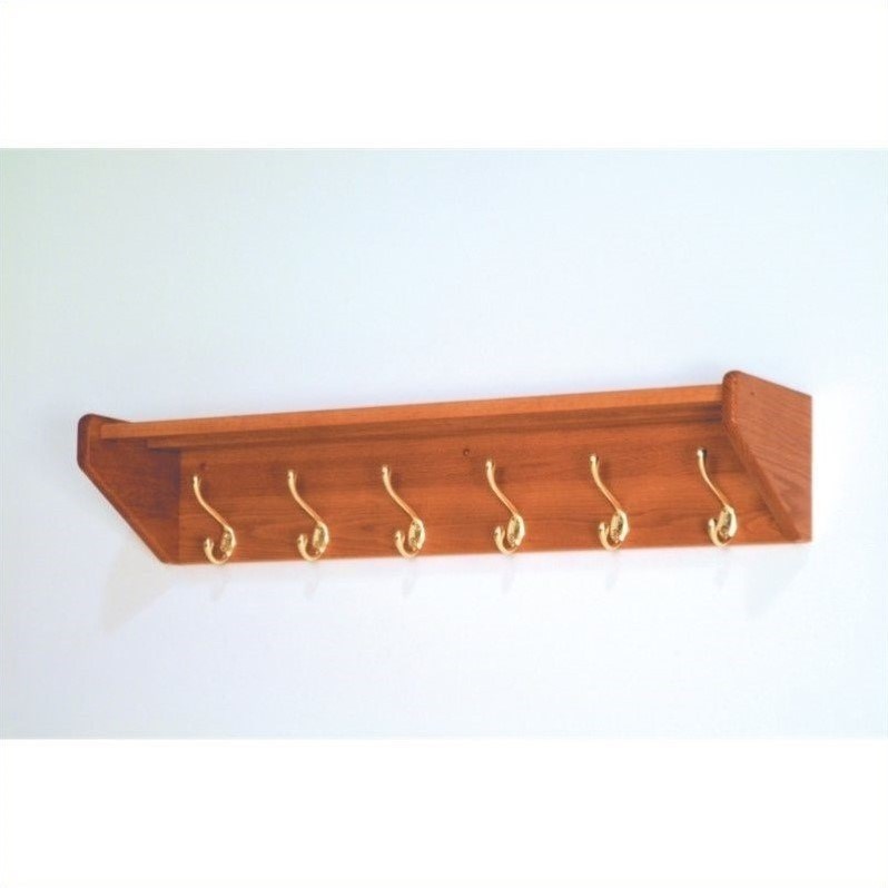 Wooden Mallet Hat and Coat Rack with 5 Brass Hooks in Medium Oak