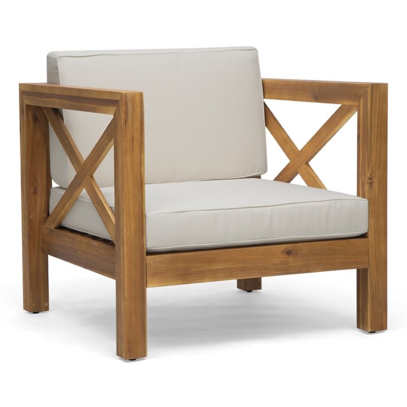 noble house brava outdoor acacia wood club chair in teak and beige 308358