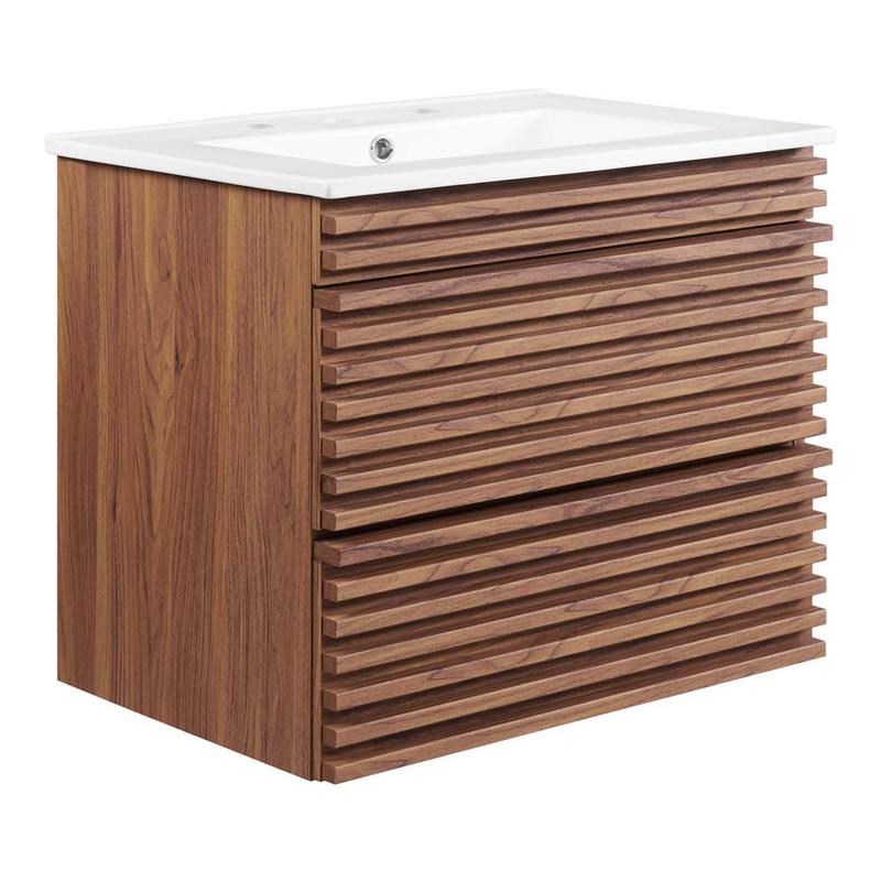 Modway Render 24.5" Modern Wood WallMount Bathroom Vanity in Walnut