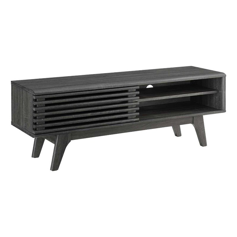 Modway Render 48" Wood Slatted Sliding Door TV Stand in Charcoal