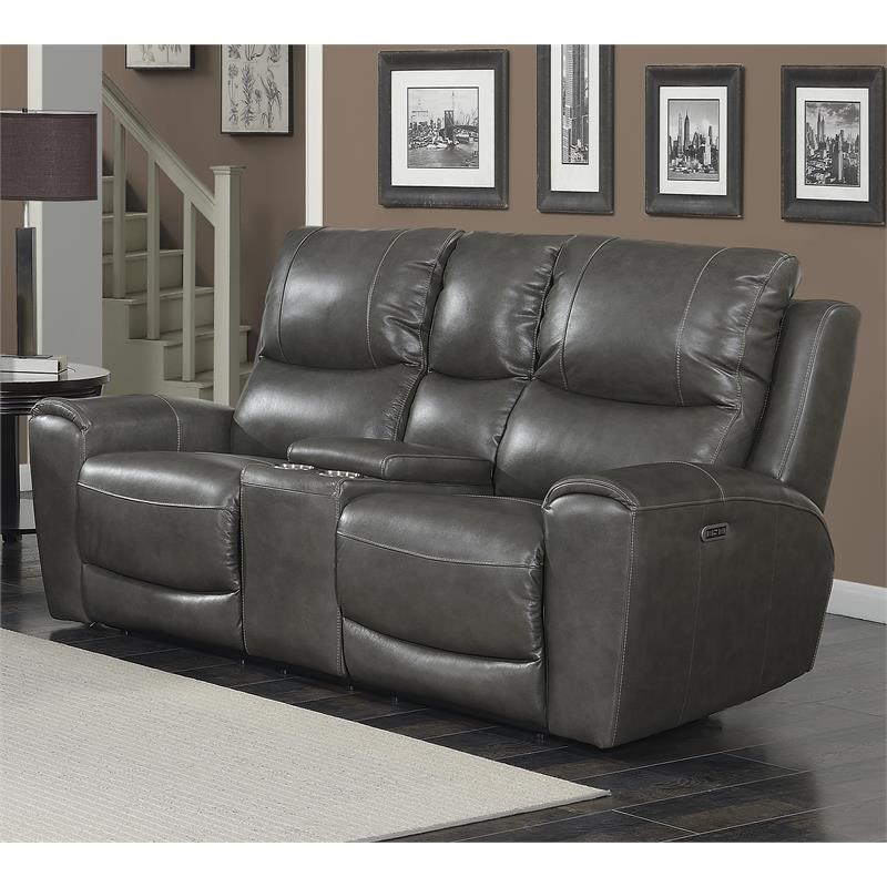 Bowery Hill Grey Leather Power Reclining Console Loveseat Homesquare