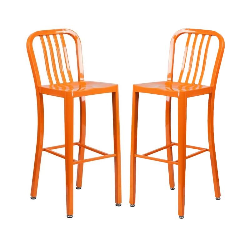 Home Square 30" Metal Vertical Slat Back Bar Stool in Orange Set of 2