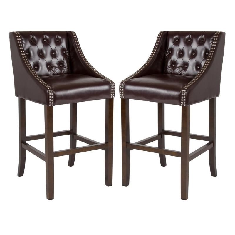 Home Square 30" Leather Tufted Bar Stool in Brown and Walnut Set of 2