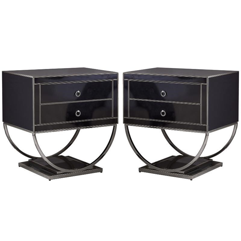 Home Square Alyssa Side Table in Black Glass and Chrome Set of 2