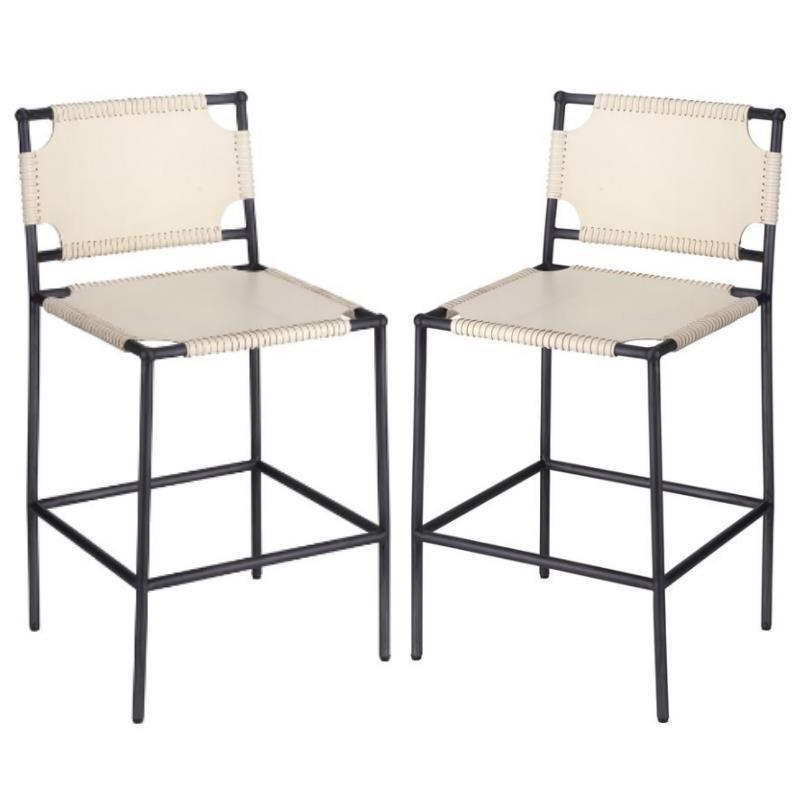 Home Square Transitional Leather Counter Stool in Off White Set of 2