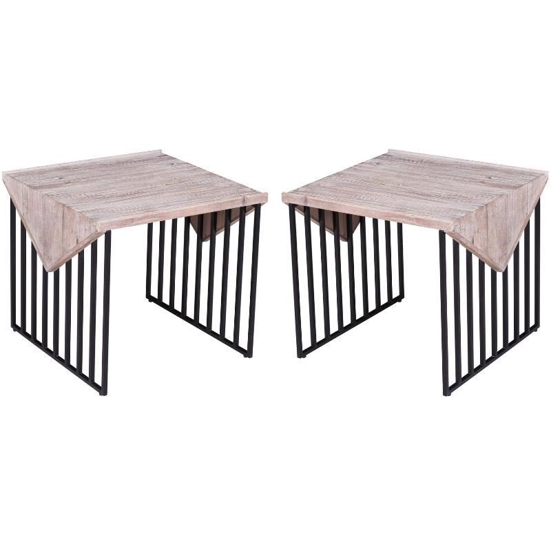 Home Square Small Wood Top & Metal Base End Table in Natural Gray Set