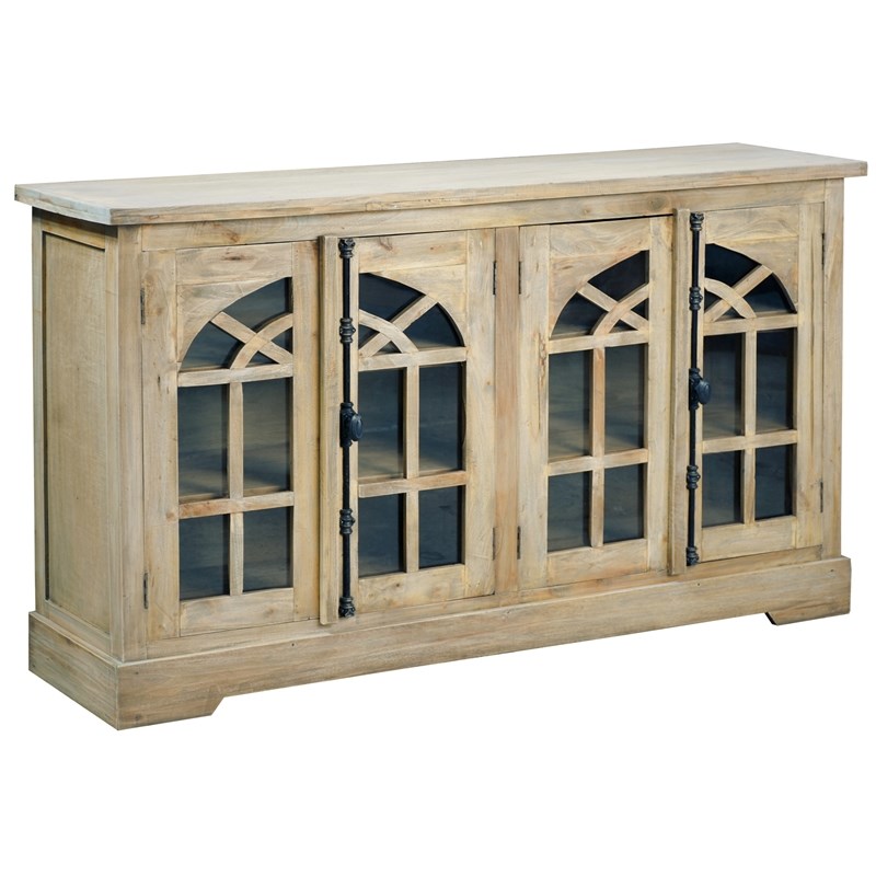 Cottage Arched Glass Door Credenza Driftwood Brown Solid Wood Display