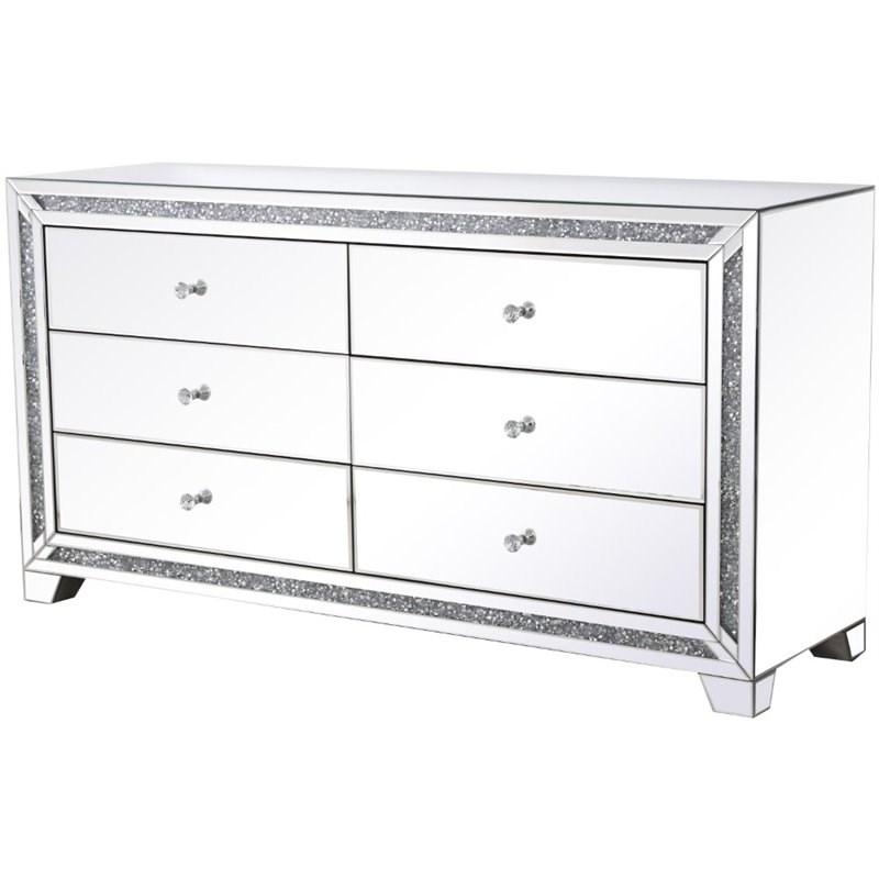 Elegant Decor Modern 6 Drawer 60" Silver Crystal Mirrored Dresser