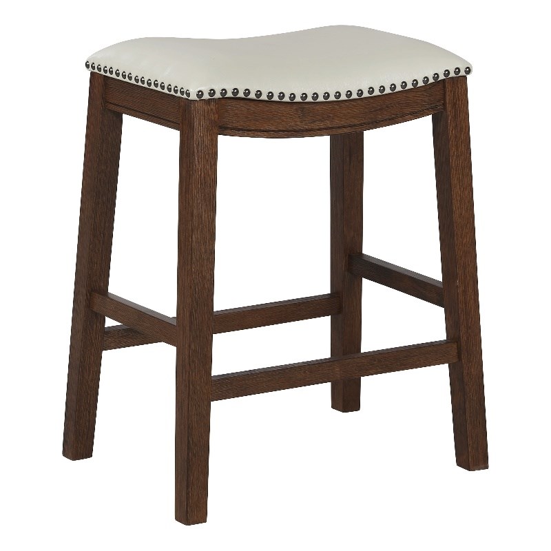 Saddle Stool 24" Counter Height in Cream Faux Leather with Dark Walnut