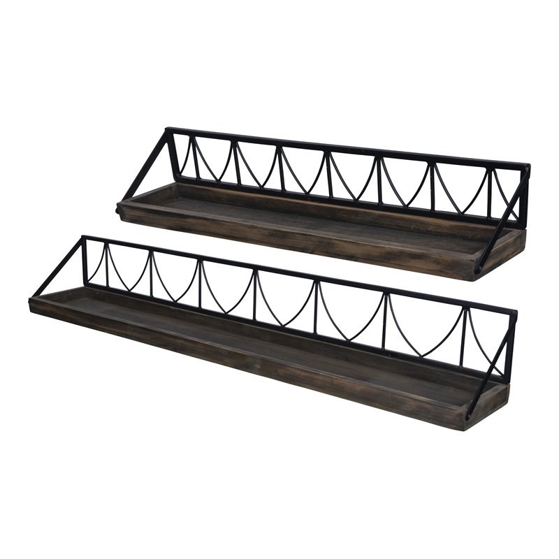 Stratton Home Decor Floating Wood and Metal Wall Shelves in Brown (Set