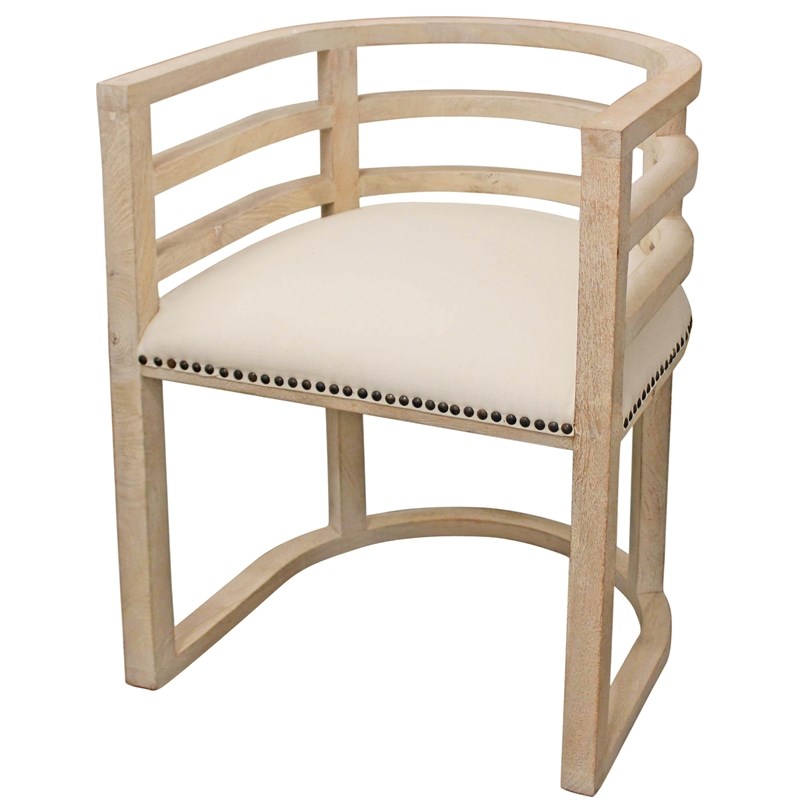 Nueva Solid Wood Barrel Chair with Linen Fabric in Natural and Metal