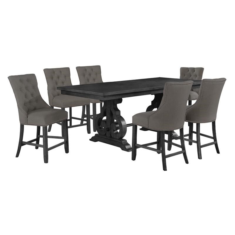 Counterheight 7pc Dining Set in Dark Gray Wood with Gray Linen Chairs
