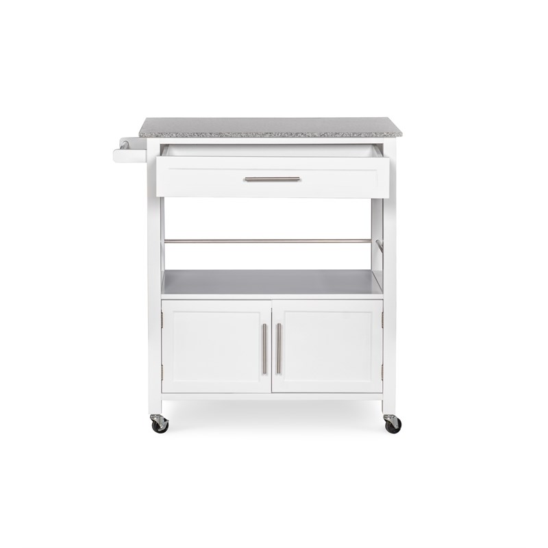 Linon Cameron Wood Granite Top Kitchen Cart in White