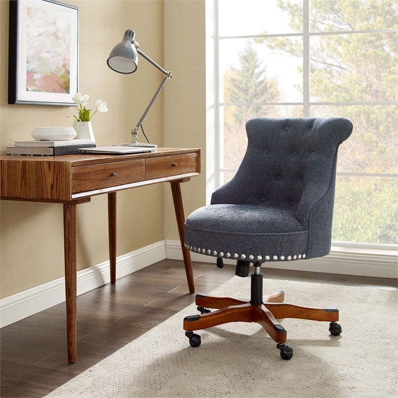 linon sinclair wood upholstered office chair in dark blue - 178403dkblu01u