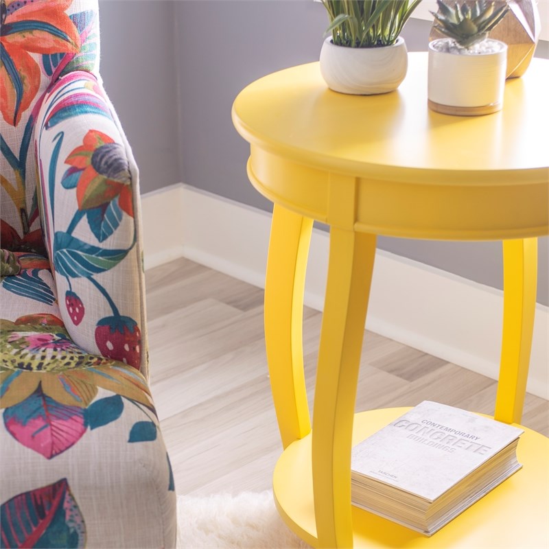Linon Wren Round Wood End Table with Shelf in Yellow