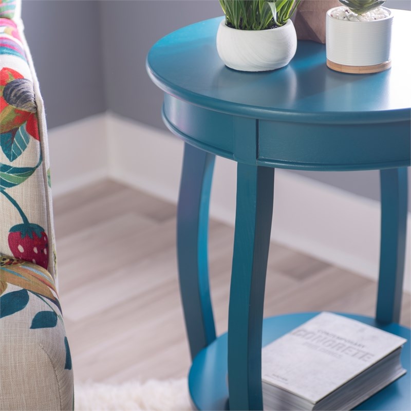 Linon Wren Round Wood End Table with Shelf in Teal Blue