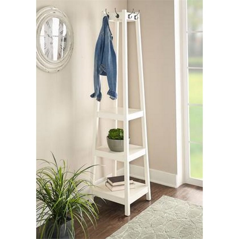 Linon Helena Wood Square Coat Rack with Shelves in White