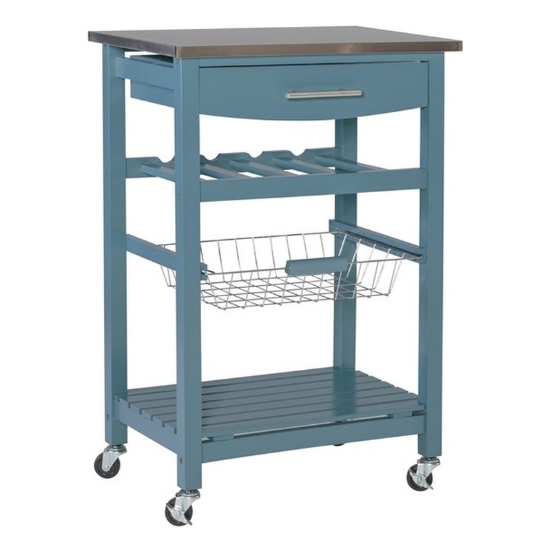 Linon Natalie Wood Stainless Steel Top Kitchen Cart in Blue