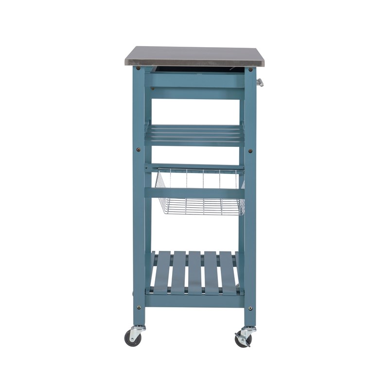 Linon Natalie Wood Stainless Steel Top Kitchen Cart in Blue