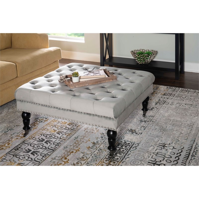 Linon Isabelle Square Wood Upholstered, Light Gray Ottoman Coffee Table