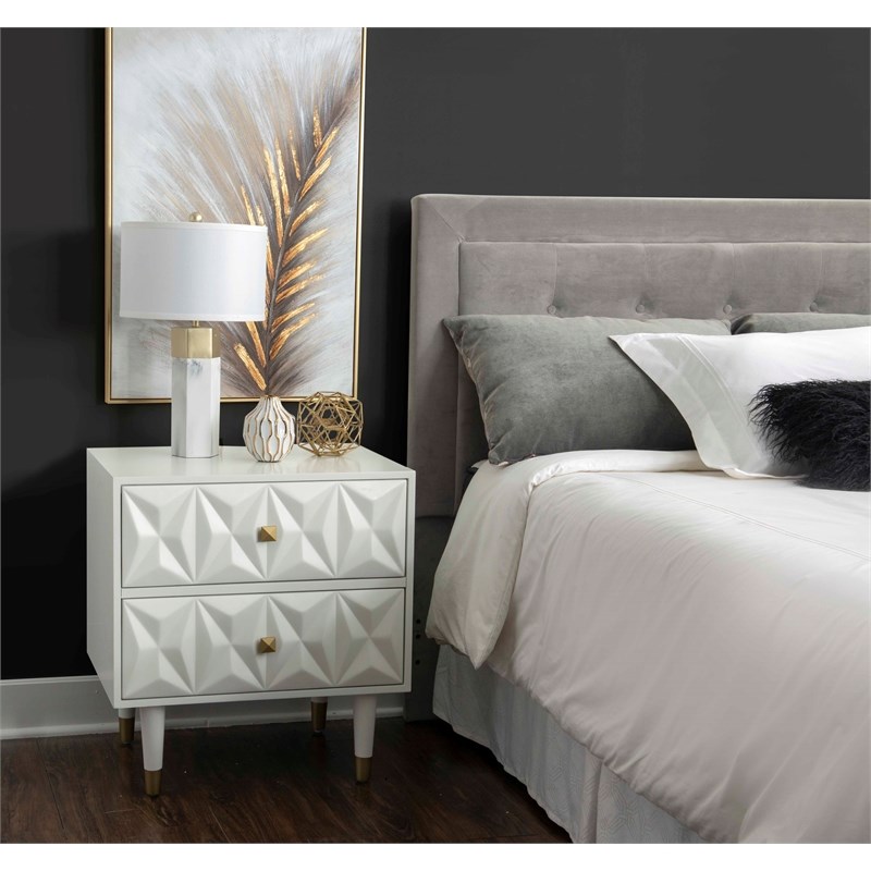 Linon Alick Two Drawer Wood Geo Texture Nightstand in White Homesquare