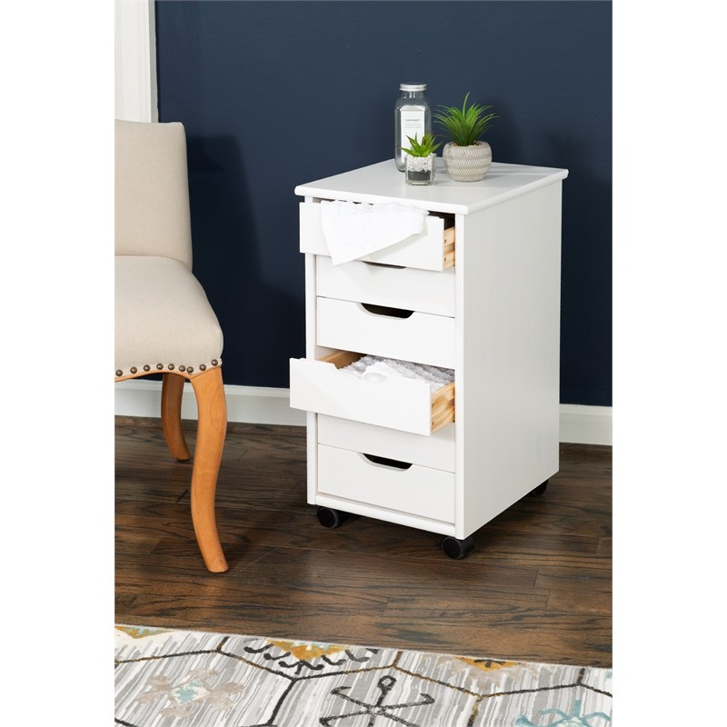 Linon Callie Six Drawer Wood Rolling Storage Cart in White Wash