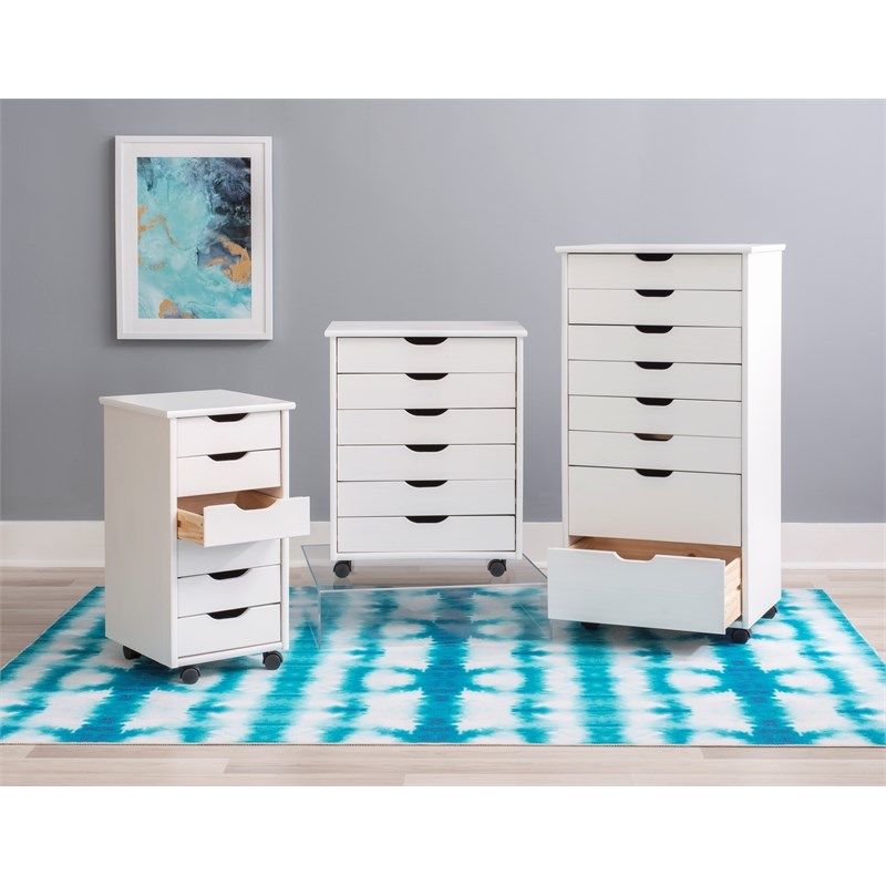 Linon Callie Six Drawer Wood Rolling Storage Cart in White Wash
