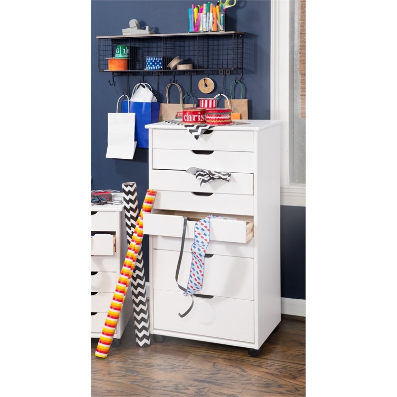 Linon Callie Eight Drawer Wood Rolling Storage Cart in White Wash