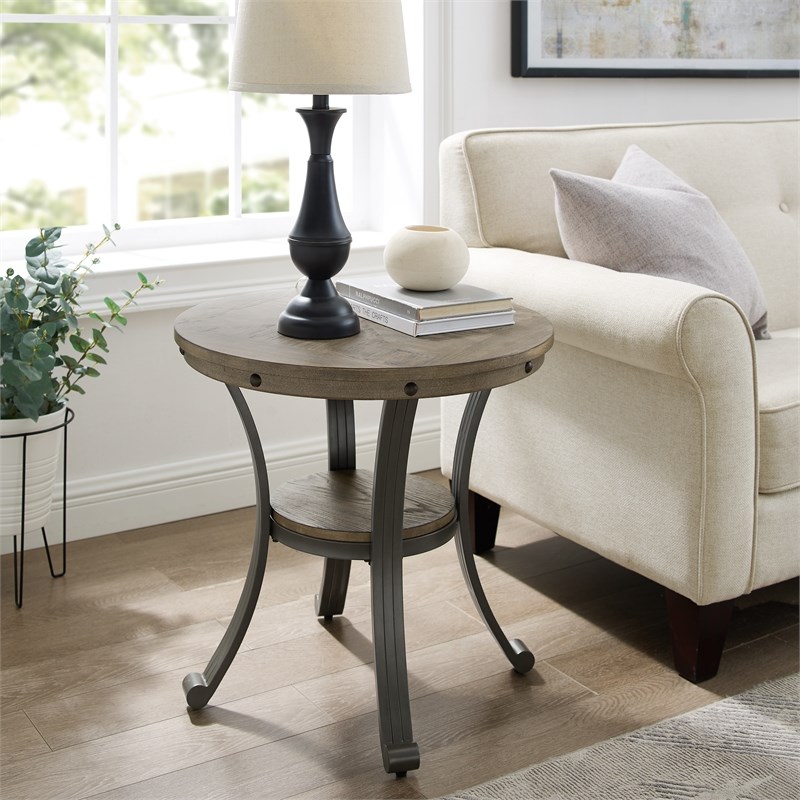 Linon Franklin Metal and Wood Round Side Accent Table in Pewter