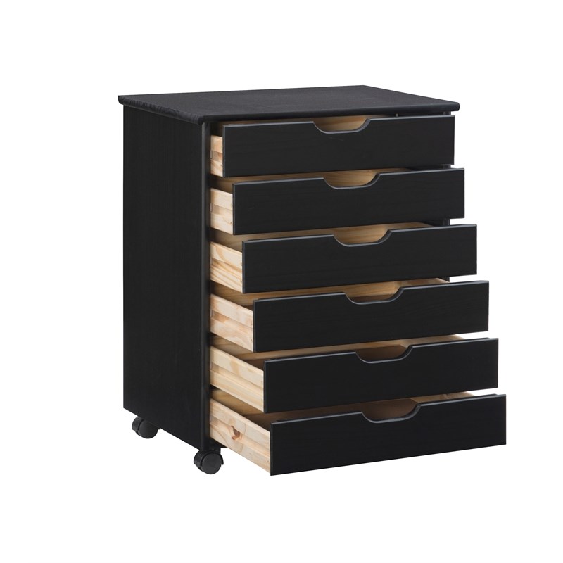 Linon Callie Black Six Drawer Wood Rolling Storage Cart in Black