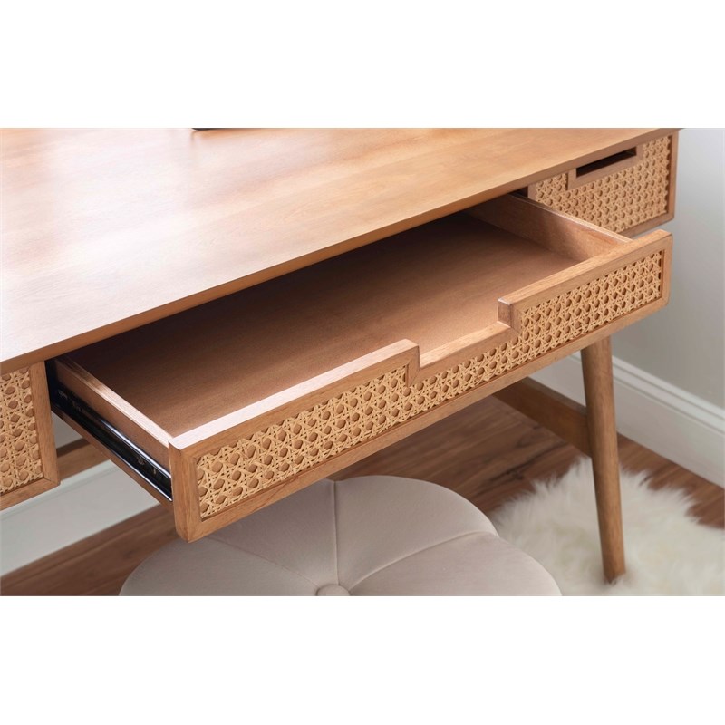 Linon Luca Rattan Wood Desk with Drawers in Natural Homesquare
