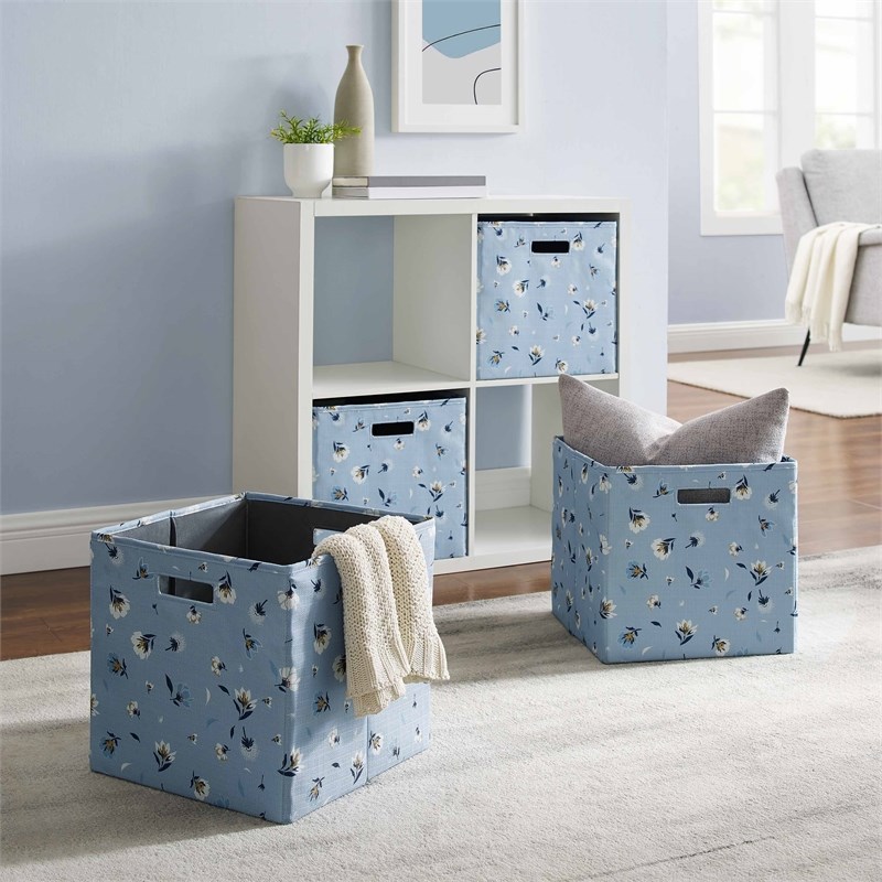 Linon Lane Two Pack Fabric Daisy Storage Bins in Blue