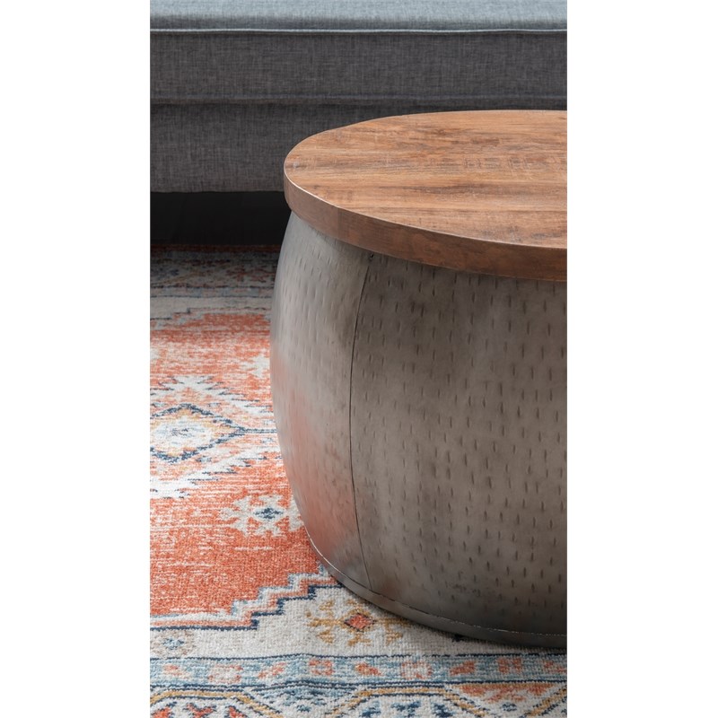 Linon Reid Small Wood and Metal Drum Table with Storage in Pewter
