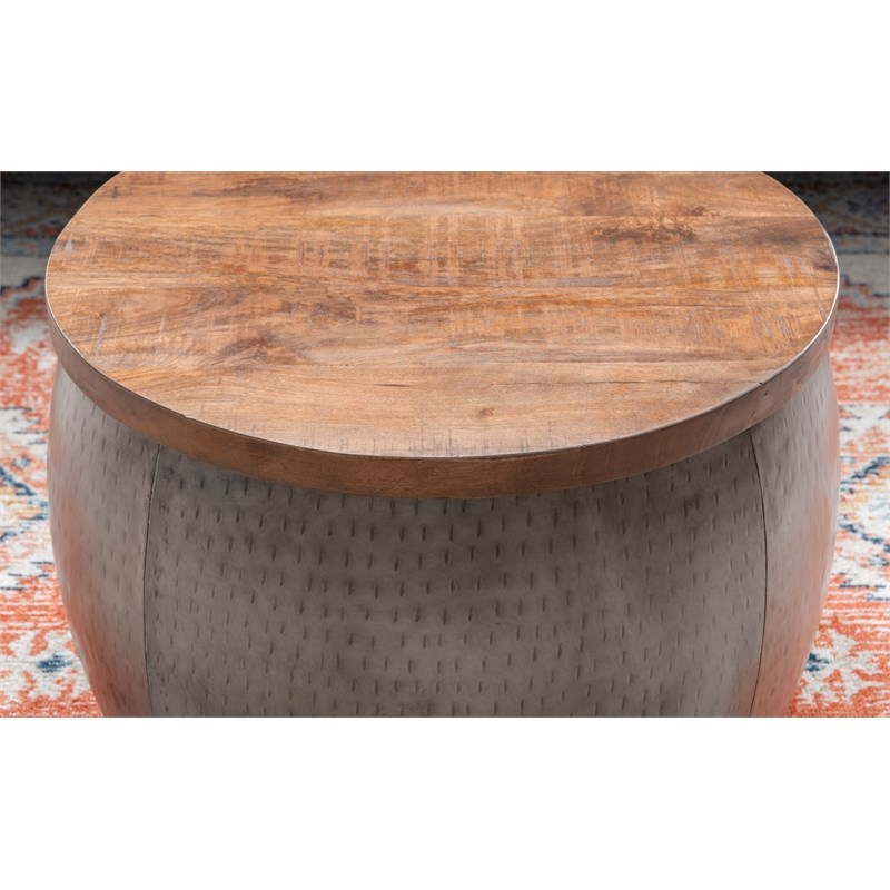 Linon Reid Small Wood and Metal Drum Table with Storage in Pewter
