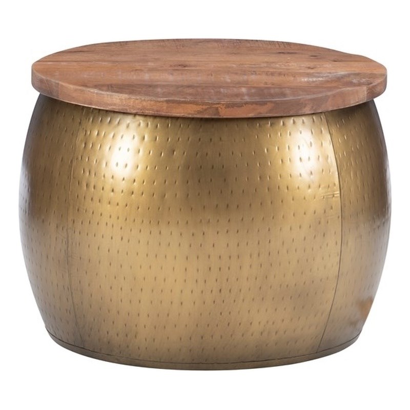 Linon Reid Large Wood and Metal Drum Table with Storage in Brass