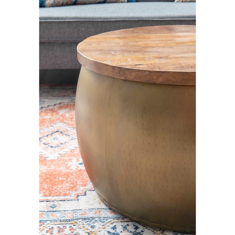 Linon Reid Large Wood and Metal Drum Table with Storage in Brass