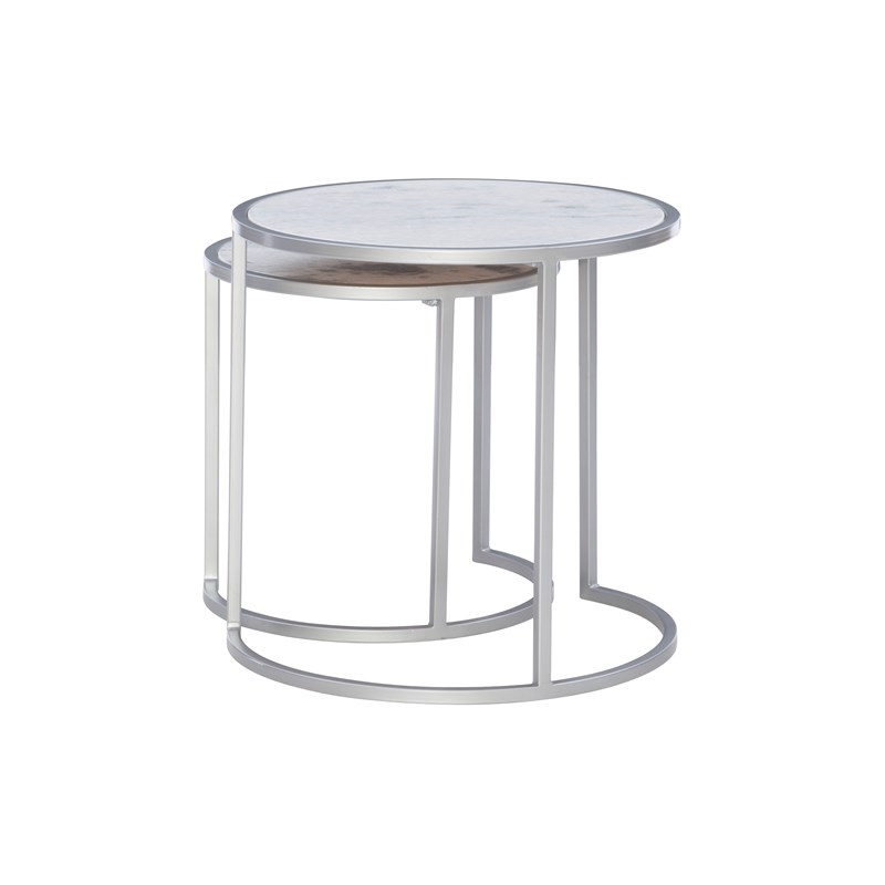 Linon Franny Marble and Iron Nesting Tables in Silver and White