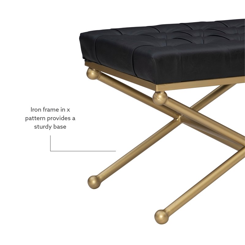 Linon Finn Metal Upholstered Faux Leather Stool in Black and Gold