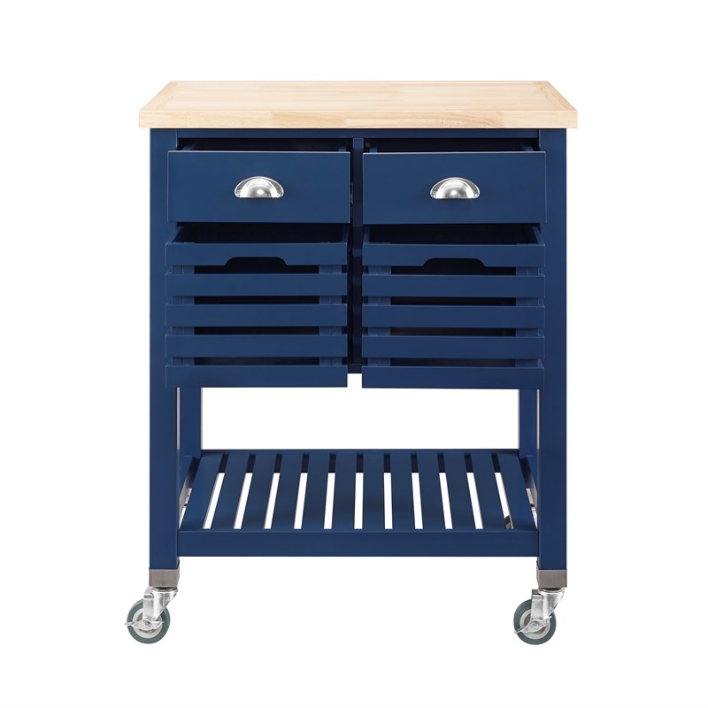 Linon Robbin Wood and Butcher Block Kitchen Cart in Denim Blue