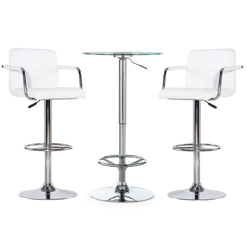 Linon Tate Three Piece Metal Quilted Pub Table Set in Chrome and White