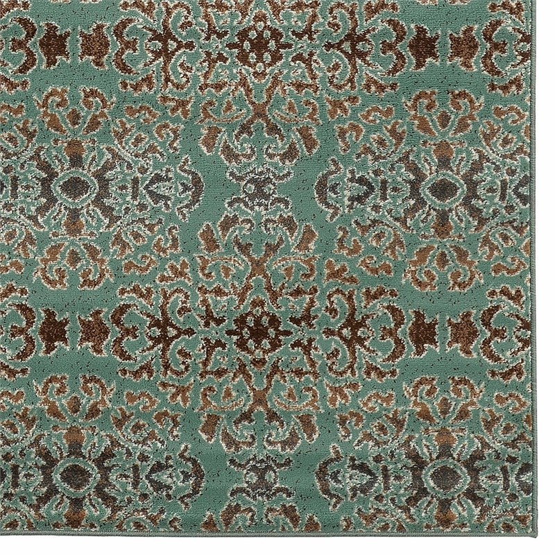 Linon Elegance Snowflakes Polypropylene 2'x3' Rug in Turquoise and Brown