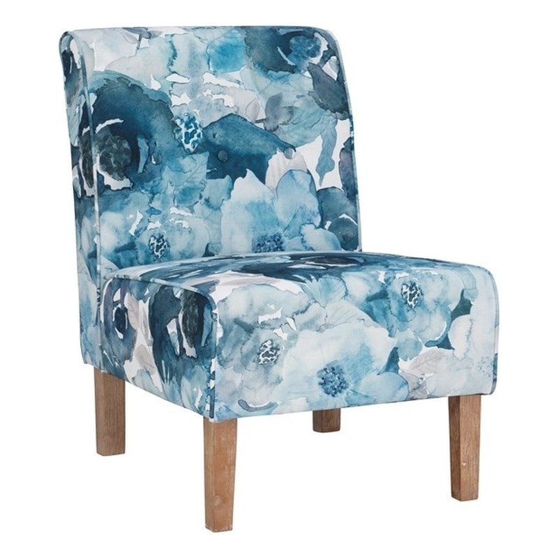Linon Coco Wood Accent Floral Chair in Brown and Blue