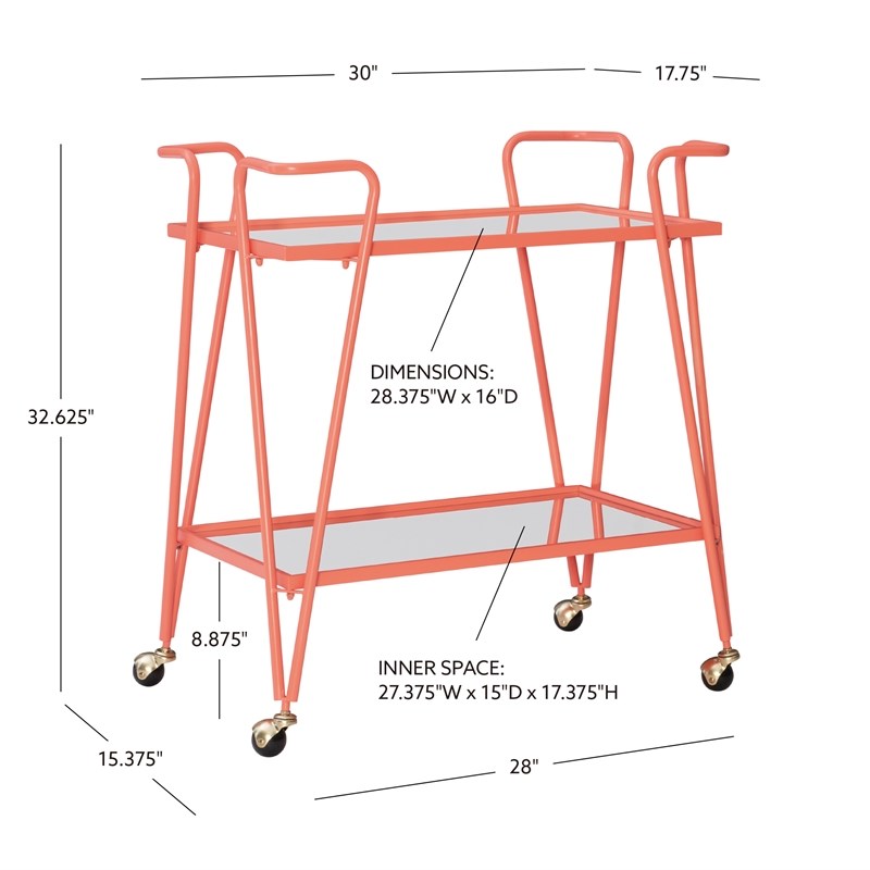 Linon Mia Metal and Mirorred Mid Century Bar Cart in Coral Orange