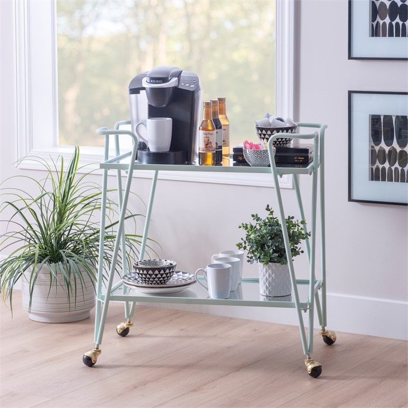 Linon Mia Metal and Mirorred Mid Century Bar Cart in Mint Green