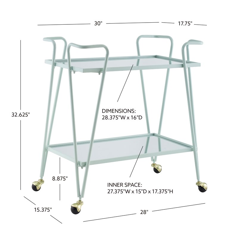 Linon Mia Metal and Mirorred Mid Century Bar Cart in Mint Green